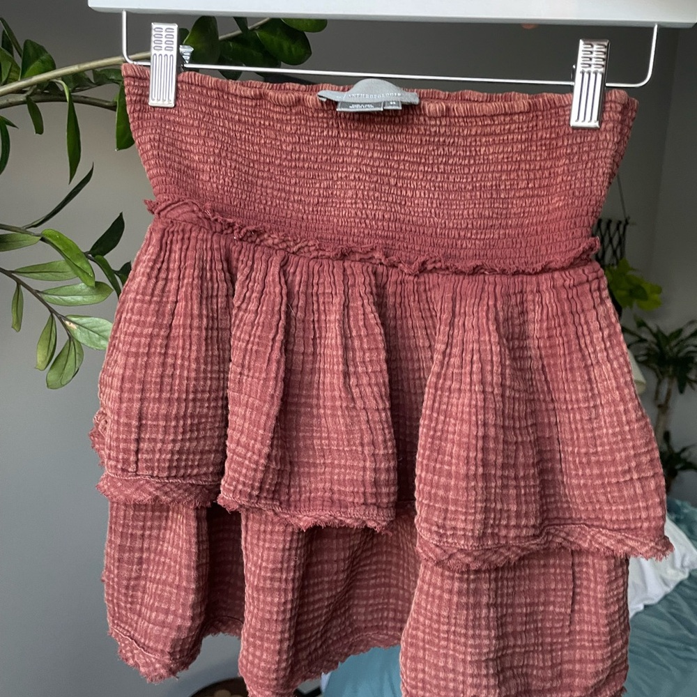 Anthropologie Red-Maroon Skater Mini Skirt Smocked Tiered Casual - Picture 3 of 8